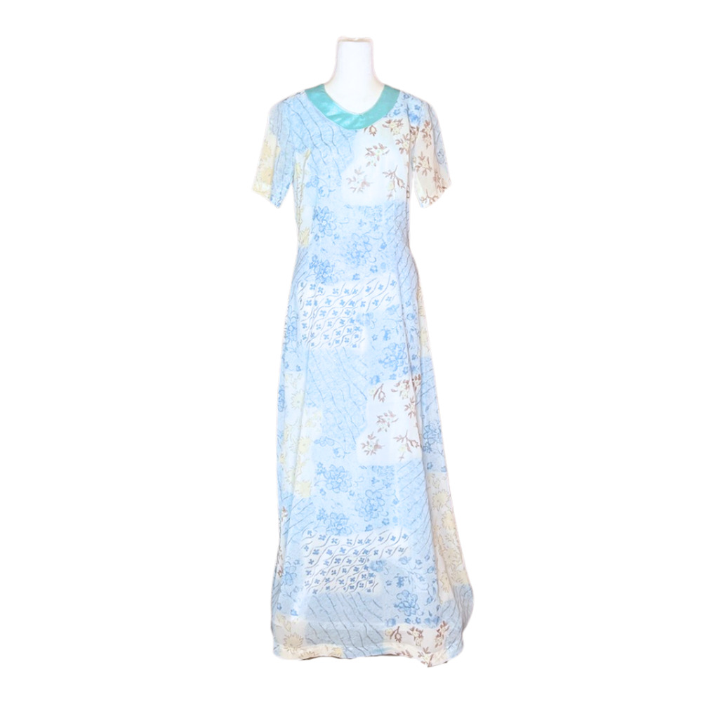 Vtg Handmade 70s Blue Floral Maxi Dress Faux Patchwork Prom Cottagecore Feminine